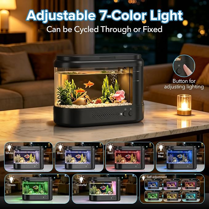 Betta Fish Tank Black 1 Gallon Acrylic Small Aquarium Kit | with Water Filter Pump & LED Light,Quiet Office Desktop Fish Bowl for Small Fish,Plants and Shrimp