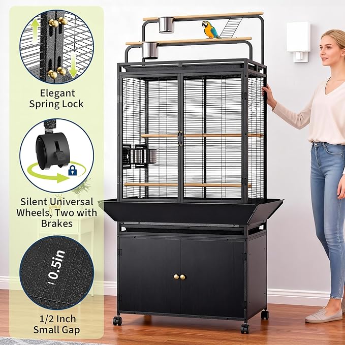 Garvee 71" H Rolling Bird Cage,Large Rolling Birdcage with Top Stand & Storage Cabinet,Black Walnut Wood Parakeet Cage for Macaw Parrot Cockatiel Budgie