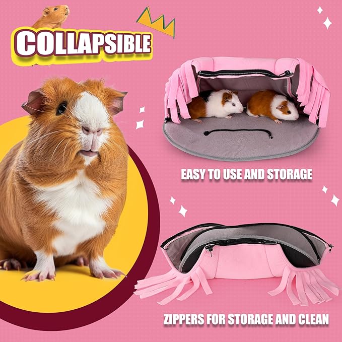Guinea Pig Tunnel, 2-Way Tunnel for Guinea Pig, Hamster and Other Small Pets, Zip Design for Use and Storage, Pure Pink and Grey