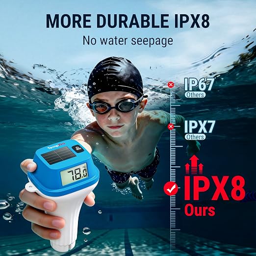TempPro TempAir IPX8 Solar-Powered Pool Thermometer Floating with String | 0.9 °F accuracy, Double-Sided Large LCD Screen, Ultrasonic Sealing Design for Swimming Pool, Hot Tub, Cold Plunge, Ice Bath