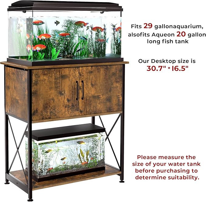 Herture 20-29 Gallon Aquarium Stand Metal Frame Fish Tank Stand with Cabinet Storage, for 20 Gallon Long Aquarium,30.7" L*16.5" W Tabletop,330LBS Capacity Rustic Brown and Black PG01YGN