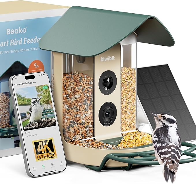 Kiwibit Smart Bird Feeder with Camera, Solar Powered for Outdoors, Bird Species AI Identification, 8MP Photo, 4K Video Livestream, Real-Time Bird Alert, Birdwatching Gift for Bird Lovers, Forest Birch