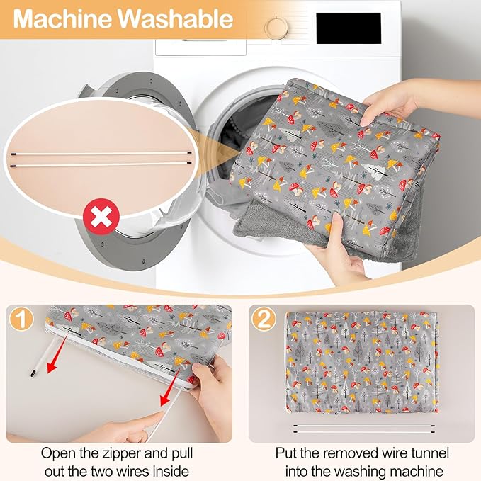 Glittme Guinea Pig Hideout with Curtain and Tunnel - Soft Bed with Cushion - Suitable for Guinea Pig, Hamster, Chinchilla, Bunny - Grey Mushrooms
