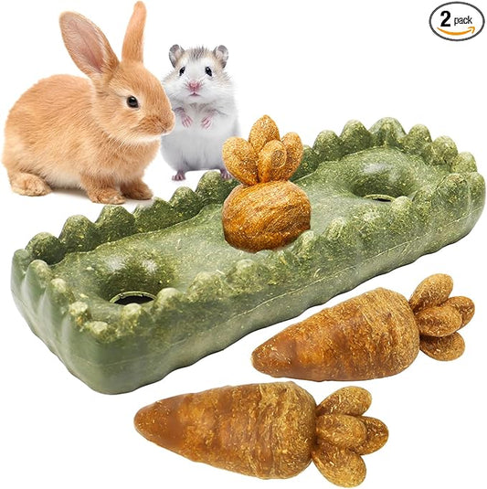 TEEWY Guinea Pig Chew Toys, Prevent Teeth Overgrowth, Natural Timothy Grass & Vegetables, Hamster Chew Toys, Guinea Pig Toys, Chinchilla Toys, 4PCS, Grass Patch & Carrots