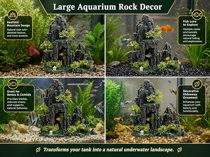 Hoypeyfiy Large Aquarium Decorations and Tall Aquarium Decor for Fish Tank Decorations Artificial Mountain View Ornament Tall Large Aquarium Rock Decor Tree House with Hiding Caves Natural Landscape