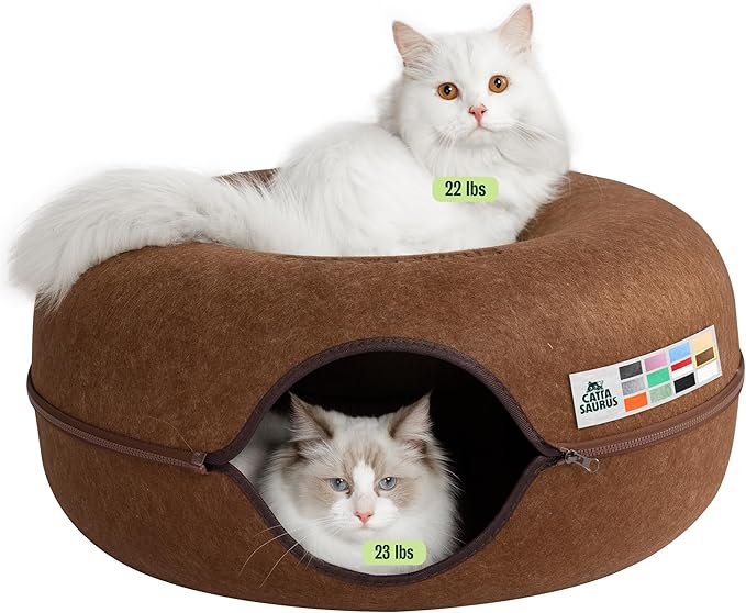 Cattasaurus Peekaboo Cat Cave Donut for Multiple & Large Cats up to 30-45 lbs, 3-in-1 Self Warming Cat Bed, Tunnel & Scratcher for Indoor Cats, Washable & Detachable Small Dog Bed (Brown, Large)