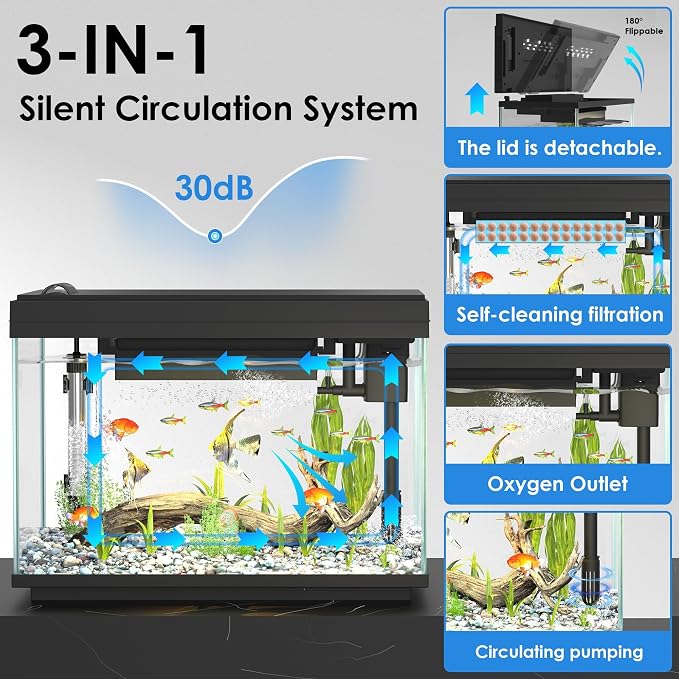Smart Fish Tank Starter Kit with Smart Temperature Display & Wireless Control, 5.8 Gallon Fish Tank Self Cleaning, 3-in-1 Quiet Filter Pump, 7-Color LED, Heater, Feeder for Beginner Aquarium