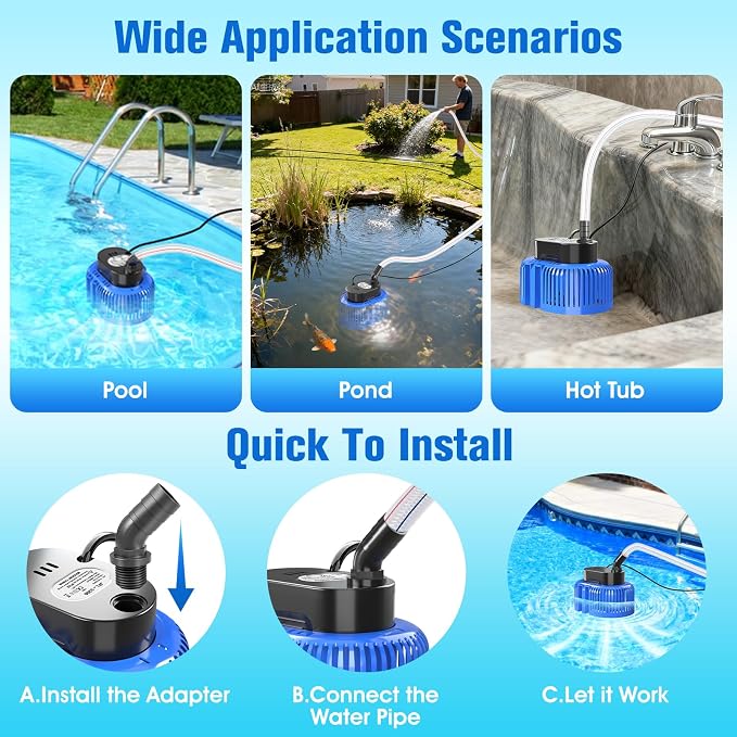 Pool Cover Pump above Ground,Submersible Water Pump for Pool Water Draining | 850 GPH Water Pump,Auto Dry-Burning Protection,Dual Filtration,4 Adapters,25FT Cord,Quiet Motor,Lightweight for Pool,Pond