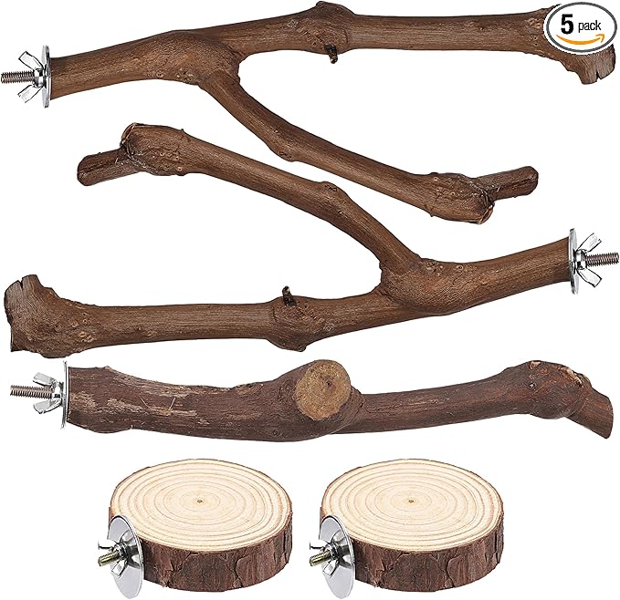 Mogoko 5PCS Bird Perch Natural Wood Grape Stick Stand, 3 Grape Stick Paw Grinding Fork Parakeet Chewing Stick 2 Parrot Stand Branch, Chewing Exercise Branches Bird Cage Accessories