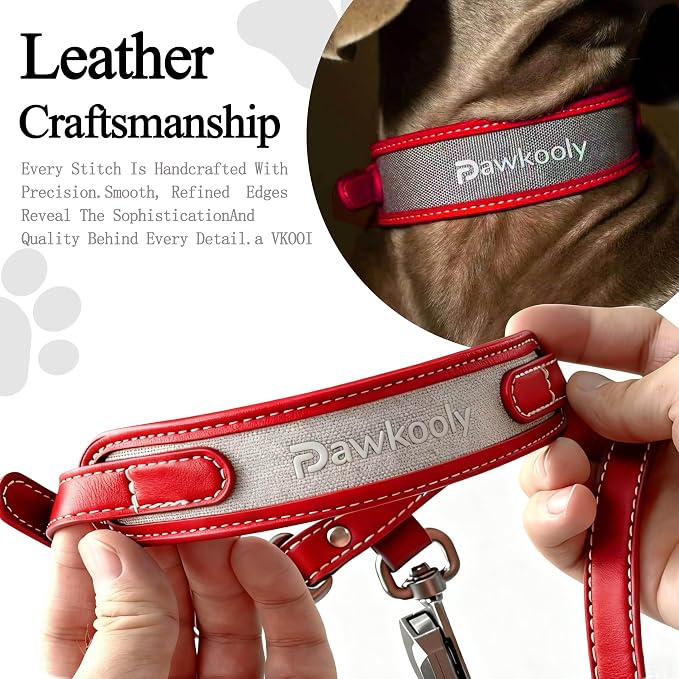 MagEase Dog Collar with 4FT Leash | Adjustable | Anti-Wrinkle, Bite & Stain-Resistant Leather | Soft & Skin-Friendly | 450LB Escape-Proof Magnetic Buckle (Red, Extra Large)