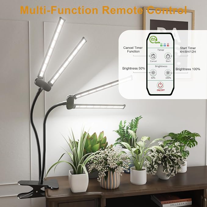 LED Grow Light,Super Bright 6000K White Full Spectrum Clip Plant Growing Lamp with Rotatable Dual Head for Indoor Desk Plants,Dimmable & Timer 4/8/12H,High Power Output for Faster Growth,2-Head