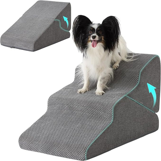 Dog Stairs for Small Dogs 16’’ H, 3-Step Dog Steps for Bed, Foldable Pet Stairs and Ramp for Dogs and Cats to Get on Beds, Couch, Non-Slip Balanced Pet Steps with Waterproof Cover, Grey