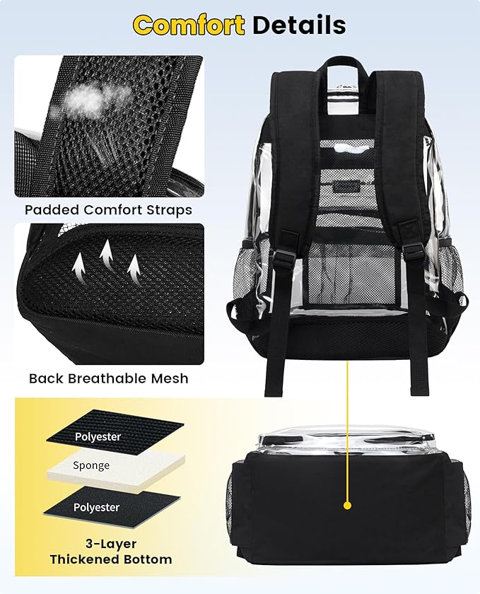 Vorspack Clear Backpack for School - Heavy Duty See Through Bookbag for Girls Boys Large Transparent Backpacks for Work, Travel - Black