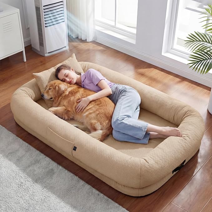 WROS Cooling Human Dog Bed for Summer, Breathable Washable Floor Lounger for People & Pets, 72"x41"x12", Dune Brown, Pet Bed for Hot Weather Relaxing