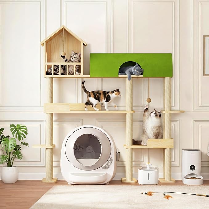 Cat Tree for Automatic Litter Box, 60Inch Large Cat Tower for Heavy Cats up to 22lbs, Solid Wood Cat Shelf with Condo, Space-Saving for Indoor Multi-Pet Households, Stops Furniture Scratching