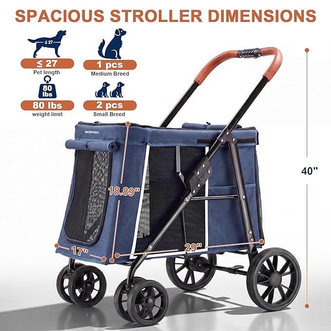 Medium Dog Stroller, Dual Entry One-Touch Folding,Small and Medium Pet Stroller,360° Rotating Front Wheels,70 lbs Weight Capacity for Outdoor Travel and Elderly Dogs - Blue