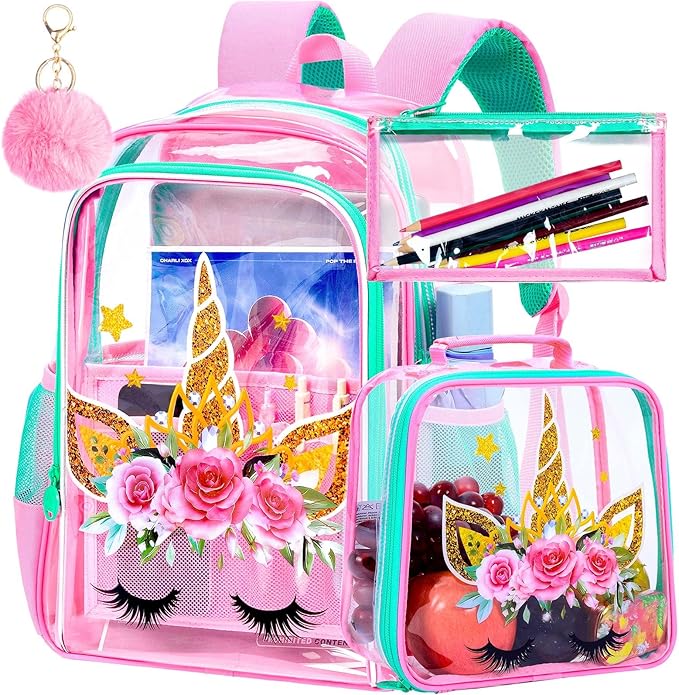 CCJPX 3Pcs Clear Backpack for Girls, School Transparent Bookbag, Heavy Duty See Through Backpacks for Teens Elementary