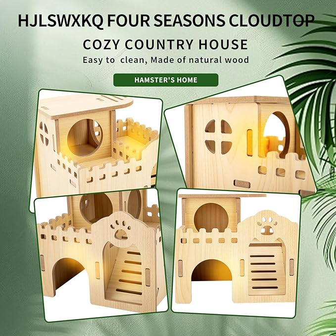 Natural Wood Hamster Habitat Hideout Cage Accessories, Maze Cabin with Fun Slide & Double-Decker House, Exercise Toys for Dwarf Hamsters, Gerbils, Mice, Other Small Animals(Only for Small Hamster D)