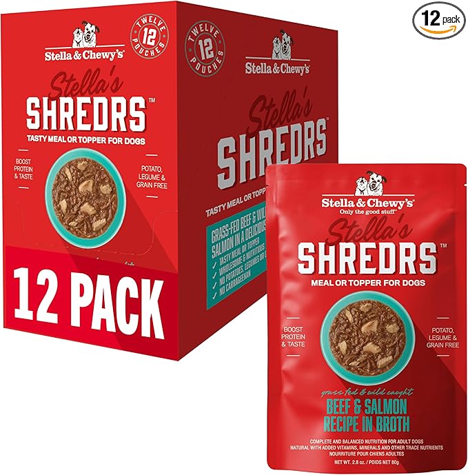 Stella & Chewy's Grass Fed Beef & Wild Caught Salmon Shredrs - Premium Dog Food Pouches - Perfect for Picky Eaters- 12 Pack, 2.8oz Each