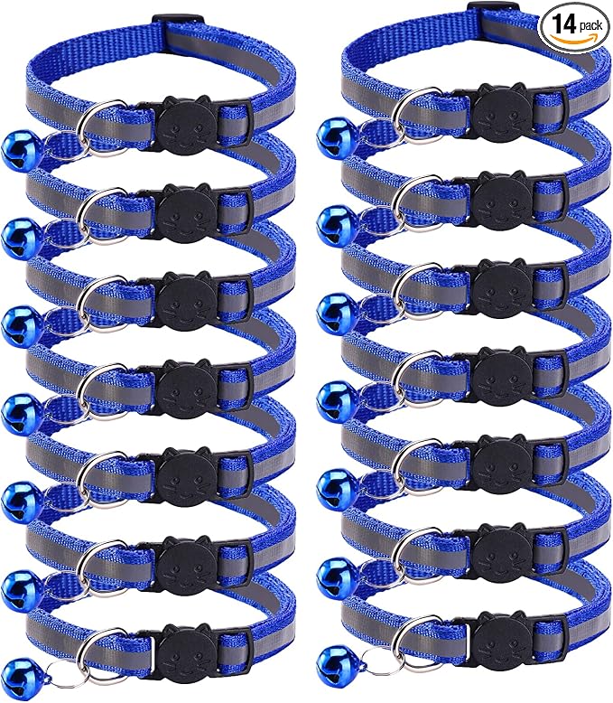 14 Pack Breakaway Cat Collar with Bell, Reflective Kitten Collar for Girl Boy Cats, Safety Buckle Adjustable 7.5-12.5 Inch, 0.4 Inch Width Lightweight, Pet Gifts (Navy Blue)