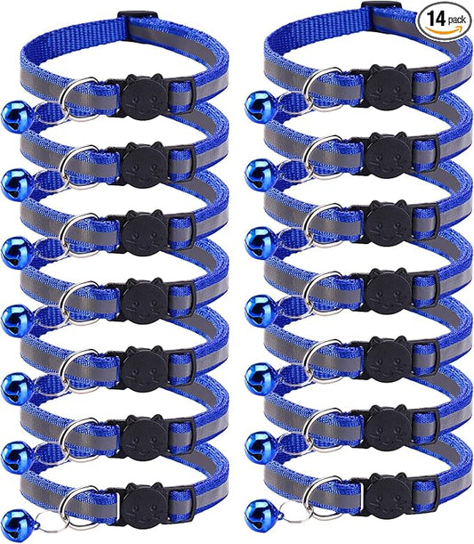 14 Pack Breakaway Cat Collar with Bell, Reflective Kitten Collar for Girl Boy Cats, Safety Buckle Adjustable 7.5-12.5 Inch, 0.4 Inch Width Lightweight, Pet Gifts (Navy Blue)