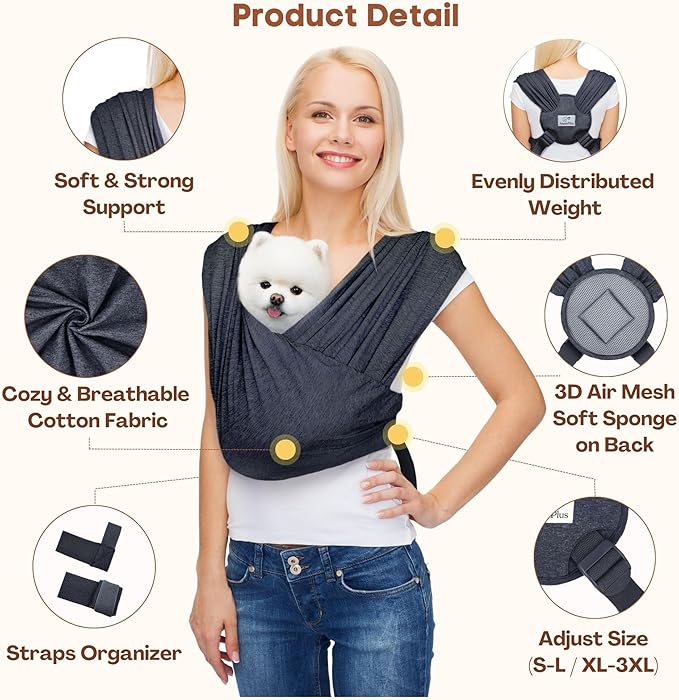 AnccoPlus Dog Carriers for Small Dogs, Front Facing Cat Carrier, Hands Free Dog Carrier, Size Adjustable Pet Carrier, Reducing Back Pain, Soft Cotton, Safe Small Dog Carrier(Regular, Charcoal Black)