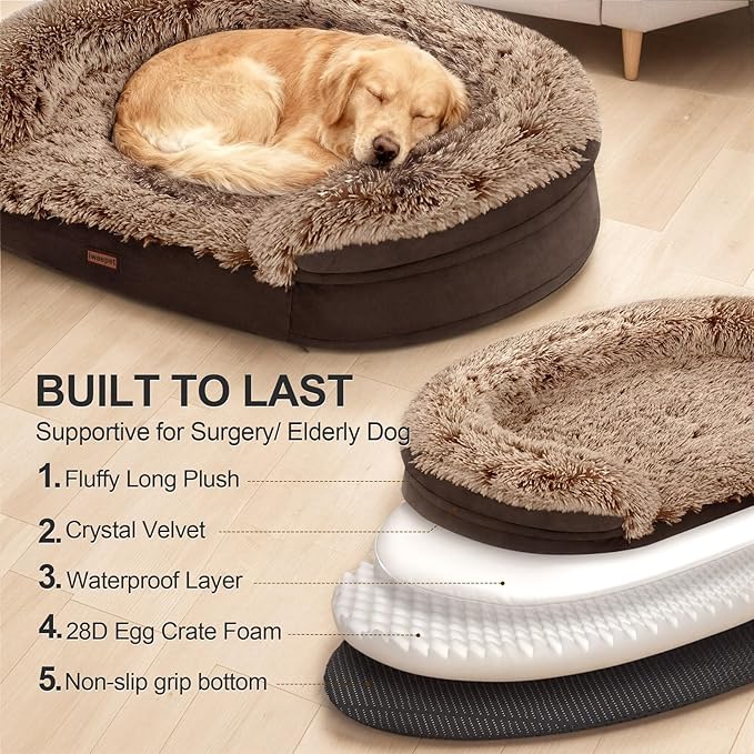 iweepet Orthopedic Dog Beds for Large Dogs, 41" x 32.6" x 7.7" Supportive Dog Sofa Bed with 28D Egg-Crate Foam, Removable Washable Cover, Waterproof Lining, for Puppy,Senior,Sick, Brown