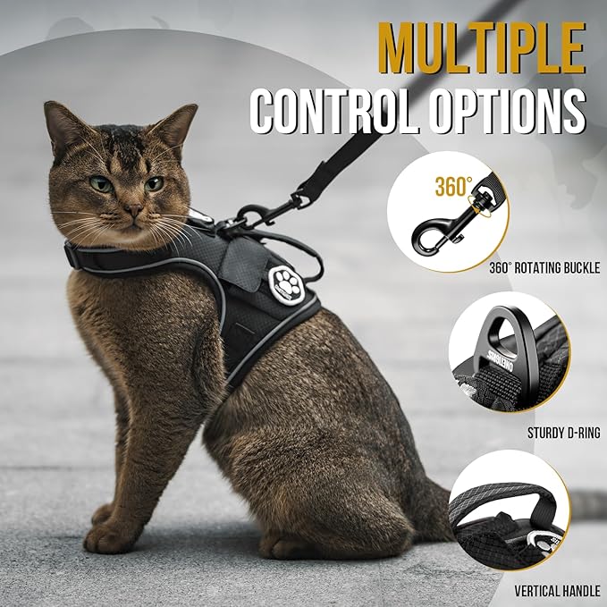 OneTigris Cat Harness and Leash - Escape Proof Soft Adjustable Cat Harness, Breathable, Comfortable, Durable Water-Resistant Tactical Vest with Reflective Strips and Pocket for Cat Tracker