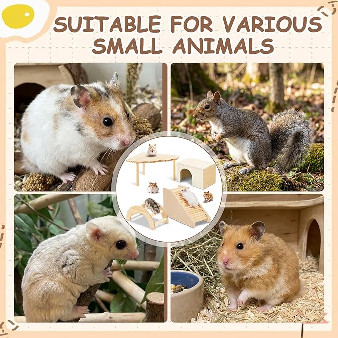 BreezeHug 4 Pcs Hamster Platform Hideout Wooden Tunnel Ladder Playhouse Hamster Game Climbing Toy with Platform Cage Accessories for Pets Dwarf Syrian Mice Degus Gerbils Squirrel(Log Cabin)