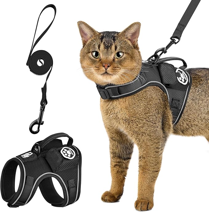 OneTigris Tactical Cat Harness and Leash - Escape Proof Soft Adjustable Cat Harness, Breathable, Comfortable, Durable Water-Resistant Vest with Reflective Strips and Pocket for Cat Tracker