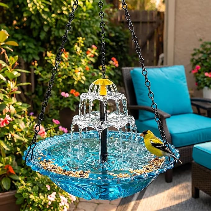 Hanging Solar Bird Bath Fountain, Solar Powered Cascading Outdoor Water Fountain, Hanging Bird Bath with Flowing Water, Decorative Garden Yard Patio Bird Bath Fountain