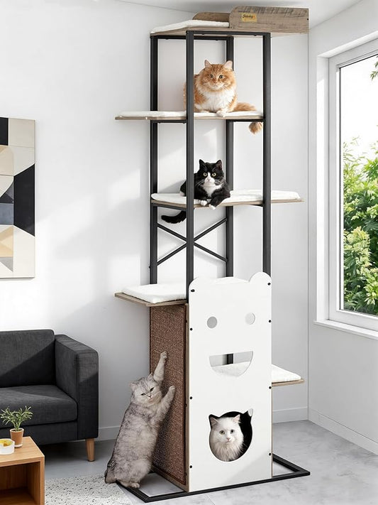 Wood Cat Tree Tower, 84 Inch Modern Extra Tall Cat Condo Trees for Indoor Cats Large Adult, XL Multi-Level Heavy Duty Wooden Sturdy Cat House Furniture with Platform Perch Bed Scratching Post