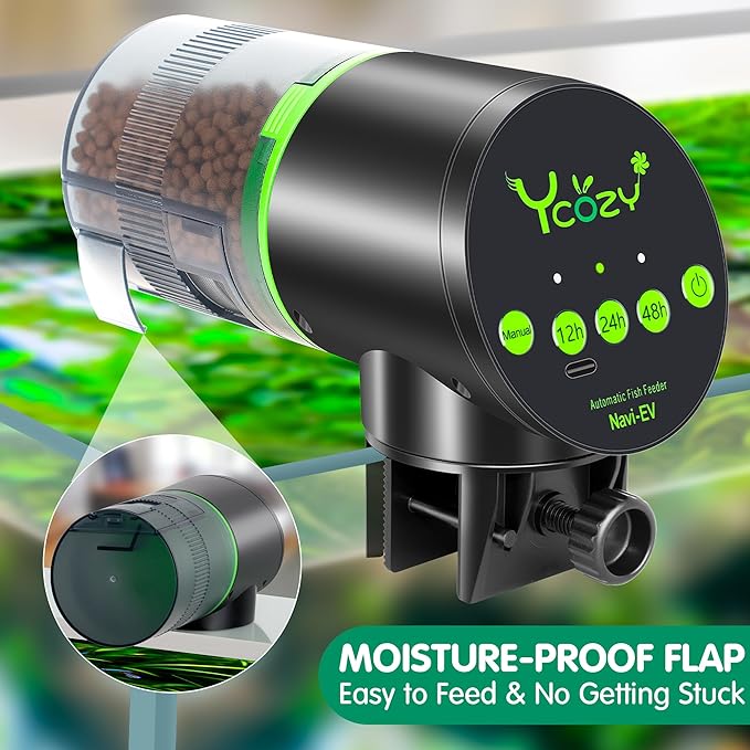 Ycozy Automatic Fish Feeder Rechargeable with USB Cable Moisture-Proof Intelligent Electric Fish/Turtle Feeder for Aquarium & Fish Tank (Plug Powered-EV)