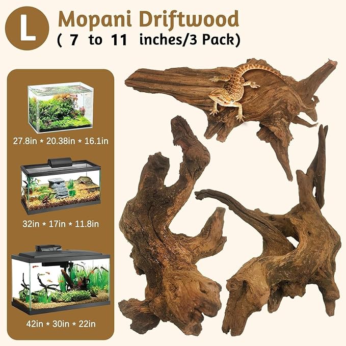 kathson Natural Driftwood for Aquarium Decor, 3-Piece 7''-11'' Large Driftwood for Decorations on Fish Tank, Reptiles Bearded Dragon Terrarium Ornament Accessories or Air Plants