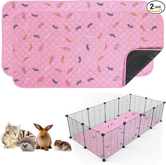 Sunheir 2 Pack Washable Guinea Pig Pee Pads, 24" x 48" Waterproof Reusable Guinea Pig Cage Liners, Absorbent Bedding Training Mat for Small Animal Guinea Pigs Rabbit Bunny Hamster - Pink