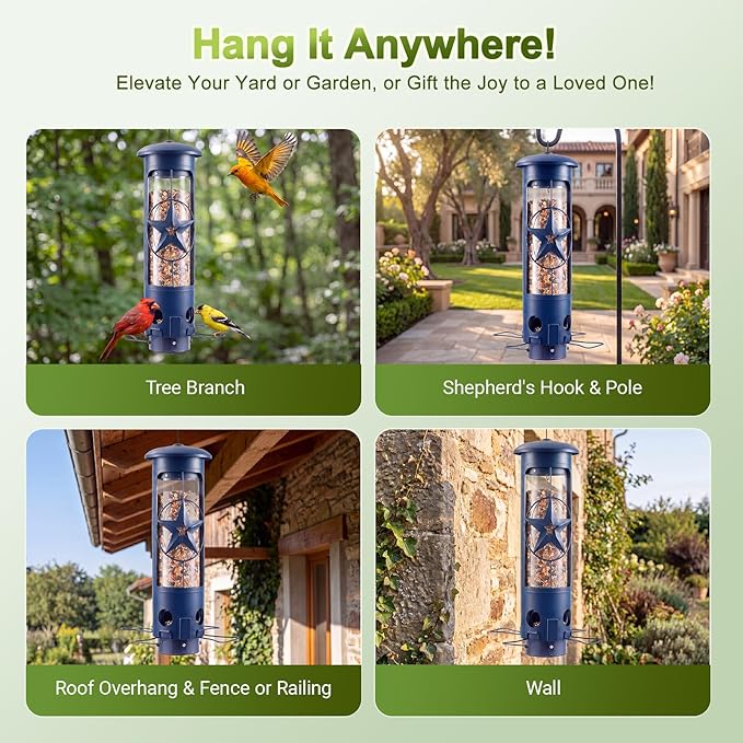 Squirrel Proof Bird Feeders for Outdoors with Weight-Activated, 3LB Large Metal Wild Bird Feeders for Cardinals,Blue Jay,Finch, Weatherproof Durable Tube Hanging Bird Feeder for Backyard,Garden,Patio