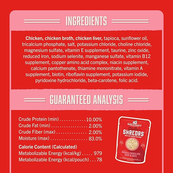 Stella & Chewy's Cage Free Chicken & Chicken Liver Shredrs - Premium Dog Food Pouches - Perfect for Picky Eaters - 12 Pack, 2.8oz Each