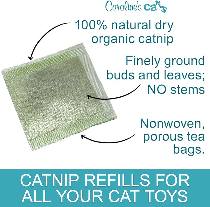Caroline's Cats Organic Catnip Pouches for Cat Toys – Catnip Packets Refill for Flapping Bird and Catnip Toys; Catnip Tea Bags 10 Packets (Catnip Powder)
