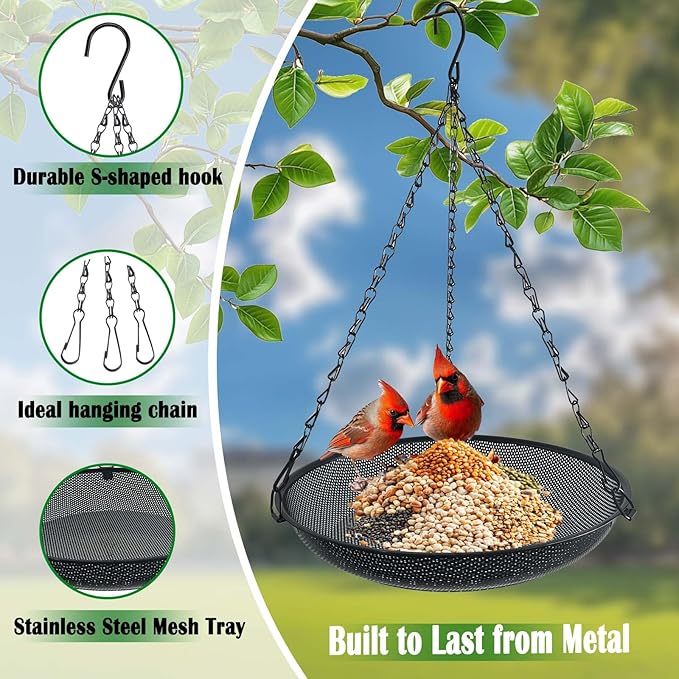 Hanging Bird Feeder for Outdoors – 12 in Platform Bird Feeder, Metal Mesh Seed Tray for Wild Birds, Black