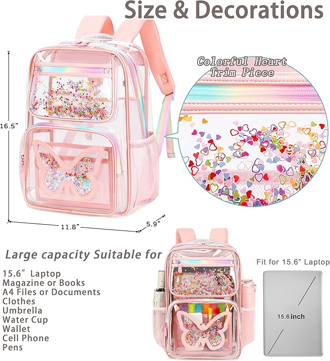 Clear Backpack for School,Large Bookbag Heavy Duty See Through Butterfly Backpacks for Girls Stadium Approved Daypack Transparent Shoulder Bags for Students,Teens,Women,Work,Travel,Concert Pink