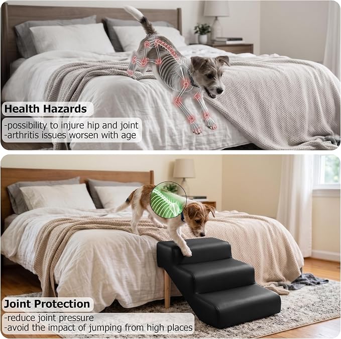 3-Step 15.7" H Dog Stairs for Pets up to 220lbs,Waterproof and Scratch PU Leather Pet Stairs with Oak Leg & Solid Wood Frame,Dog Ramp for Small Senior Large Dogs Cats,Non-Slip Feet,Black