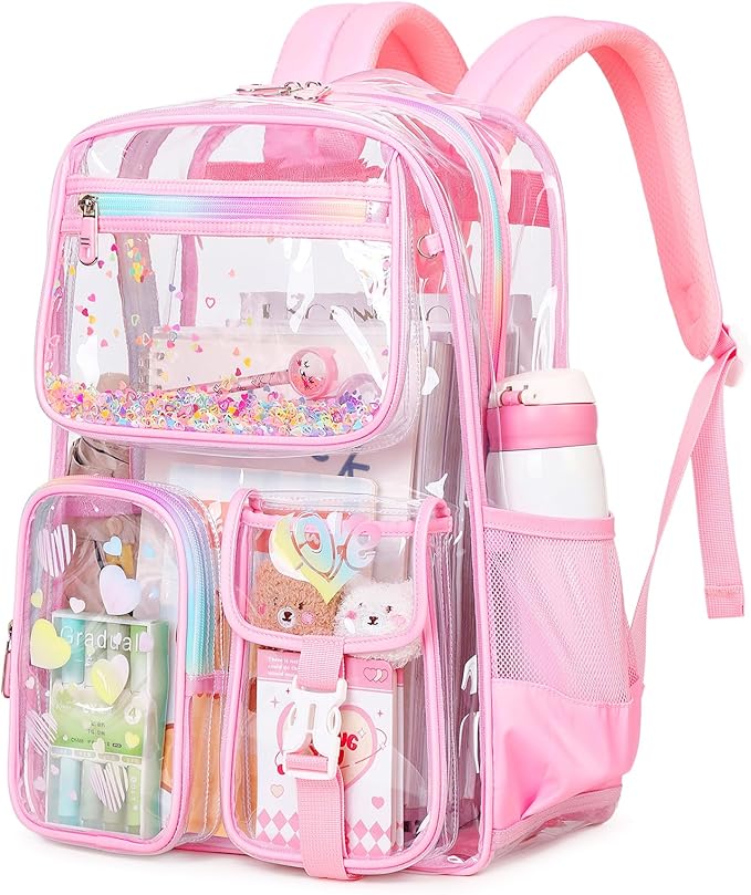 PIG PIG GIRL Clear Backpack for School,Heavy Duty PVC Transparent Bookbag for Girls Stadium Approved See Through Backpack