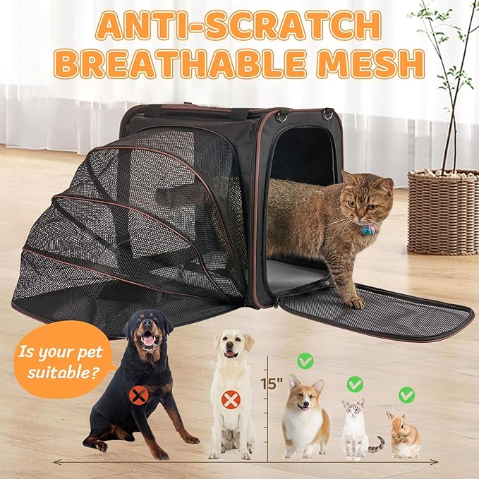 Large Cat Travel Carrier with Litter Box, 17.3"×13"×16" Expandable Cat Carrier for Car Travel, Soft Sided Pet Carrier for Cats/Puppies up to 25lbs, Black