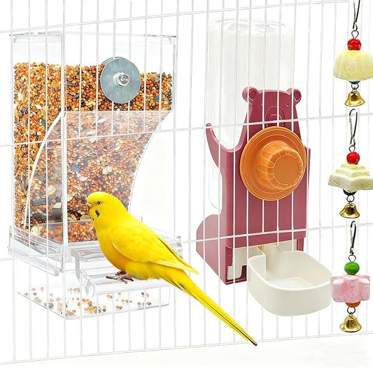 Parrot Automatic Feeder Bird Water Dispenser for Cage No Mess Bird Feeder Food Container Feeding Station Foraging with 3 Beak Grinding Stone for Cockatiel Cockatoo Canary Lovebirds