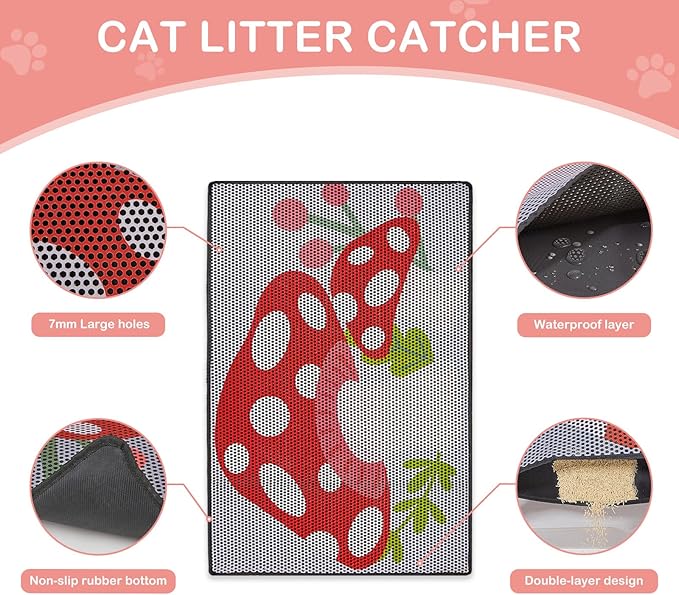 Bienbee Cat Litter Mat, 24"x15" Cat Litter Trapping Mat, Double Layer Litter Mat with Non-Slip Rubber Bottom, Urine and Water Proof, Keeps Floors Clean Mushroom M