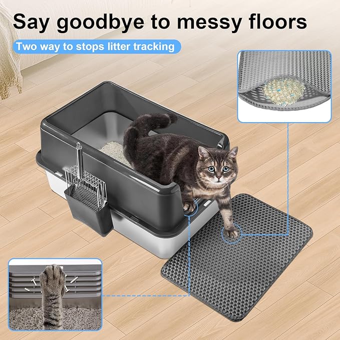Marchul 2 Pack Stainless Steel Cat Litter Box with Litter Scoop Holder, XL Litter Boxes with Metal Scoop, Litter Mat, Easy to Clean for Indoor Big Cats,High Sides, Multicat Home,Anti-Urine Leakage