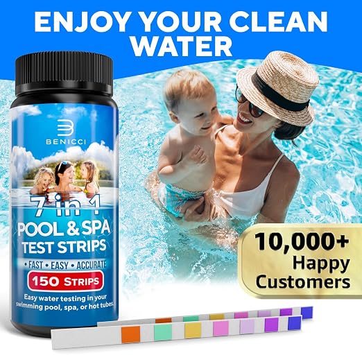 7-in-1 Accurate Pool Test Strips - 150 Hot Tub Spa Test Strips - Quick Pool Water Testing Kit - Bromine, pH, Hardness, Alkalinity, Chlorine & Cyanuric Acid - Perfect for Any Pools, Spa, Hot tubs
