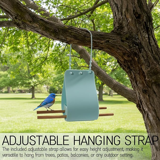 Hanging Bird Feeder with Wooden Perches, No Mess Silicone Feeding, Adjustable Strap for Parrots and Wild Birds, for Garden, Patio, and Balcony Decor (Blue)