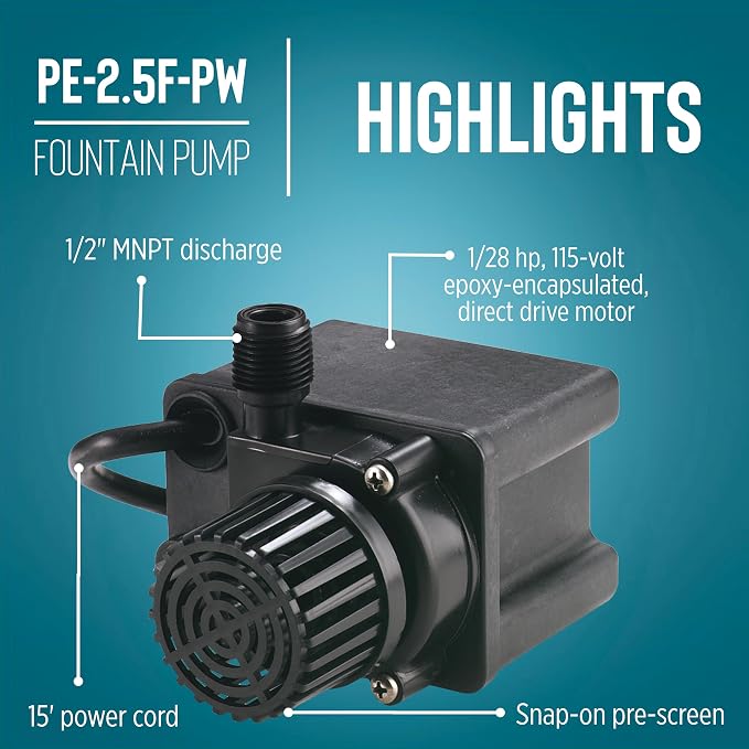 Little Giant PE-2.5F-PW, 115V, 475 GPH Small Submersible Pump, 15' Cord | 1/28 HP, For Fountains/ Small Ponds/ Hydroponics/ Recirculation, Epoxy-coated Aluminum, Manual (no switch), 566612