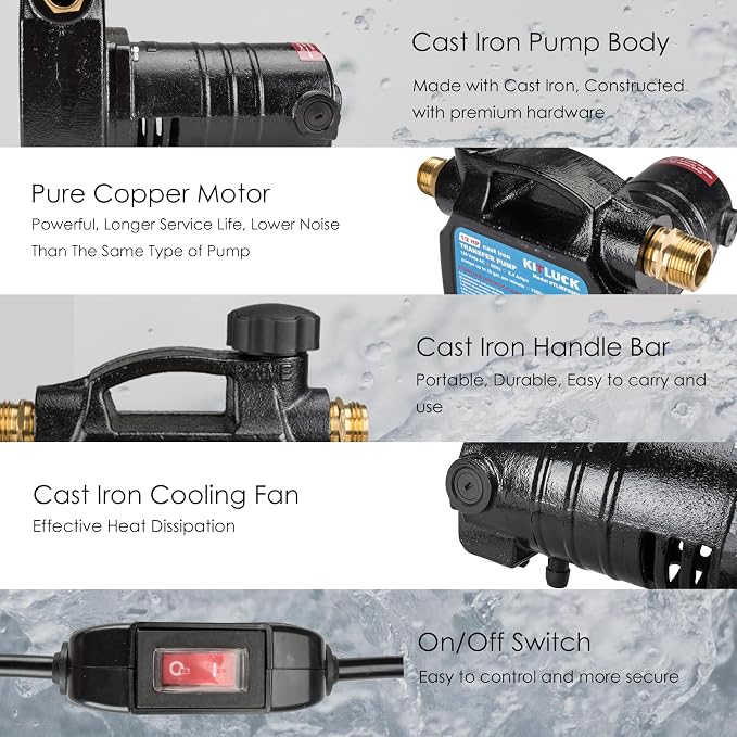 Water Transfer Pump, KITLUCK 120V 1/2 HP 1500GPH Cast Iron Portable Electric Utility Water Pump, Heavy Duty High Pressure Transfer Pump with ON/OFF Switch, Suction Strainer and Brass Connectors
